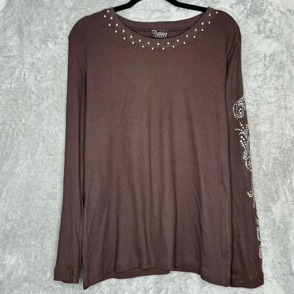 Cattlelac Ranch XXL 2X Shirt Top Brown Solid Sequins Round Neck Long Sleeve Knit